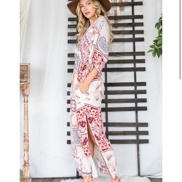 Multi Stripe Floral Print V-Neck Dolman Sleeves Maxi Dress with Side… - Picture 10 of 16